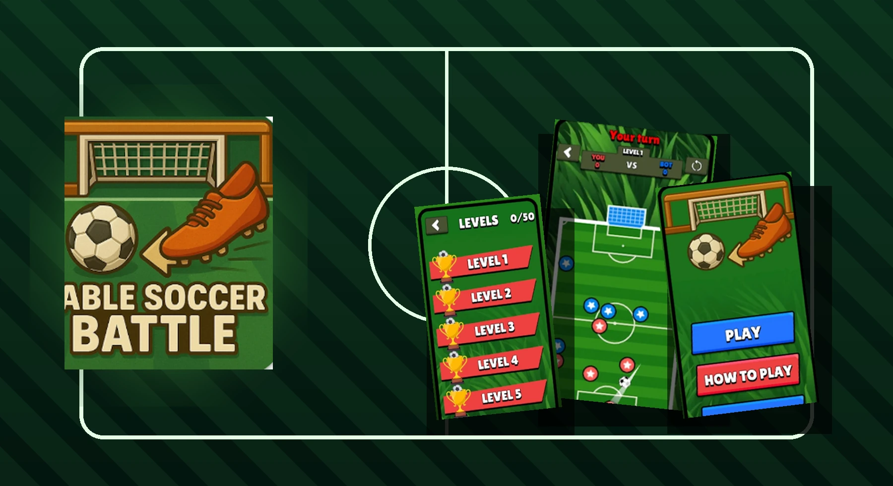 Kompozycja z ikoną i ekranami gry Table Soccer Battle